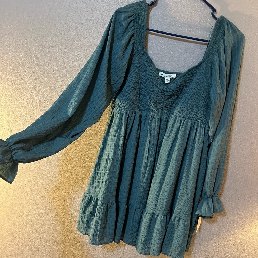 Green Long Sleeve Smocked Dress